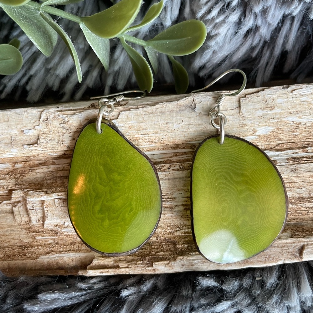 Tagua drop green earrings pierced